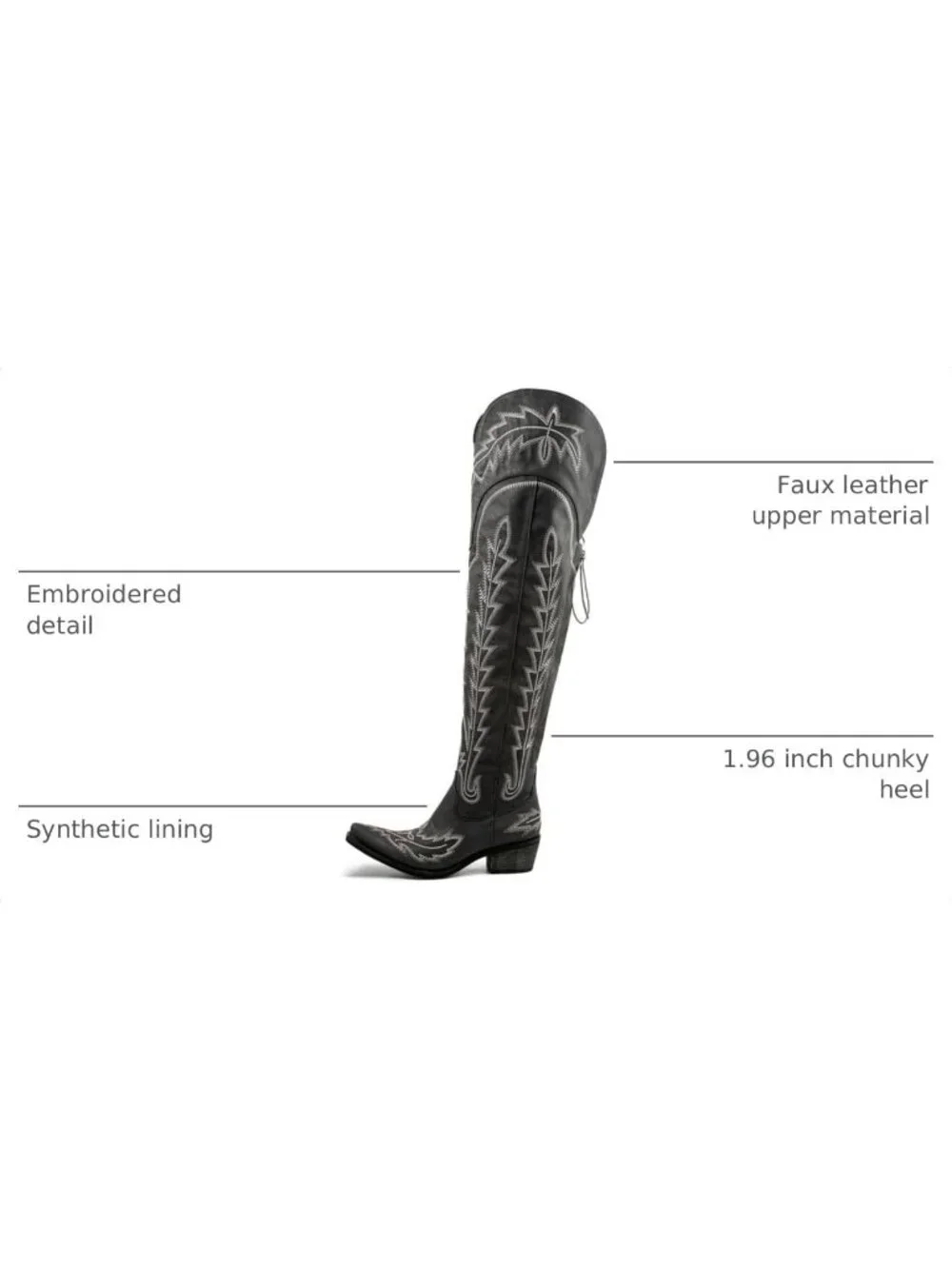 Women's Black Pointed Toe Wide Calf Western Embroidered Over The Knee Boots